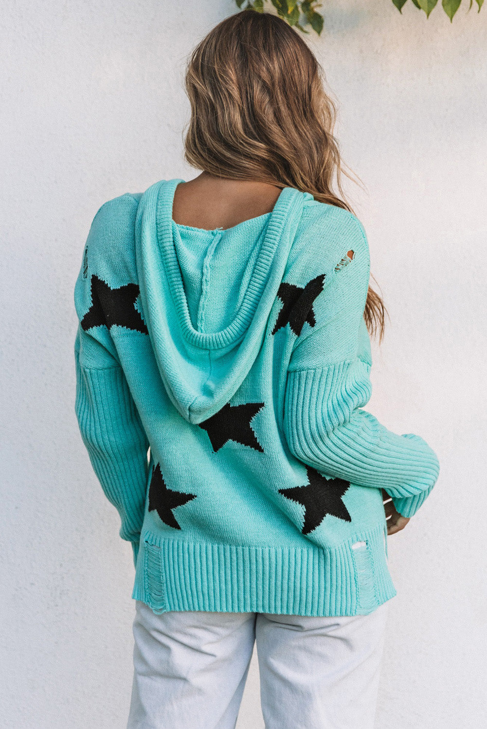 V Neck Star Pattern Hooded Sweater with Slits