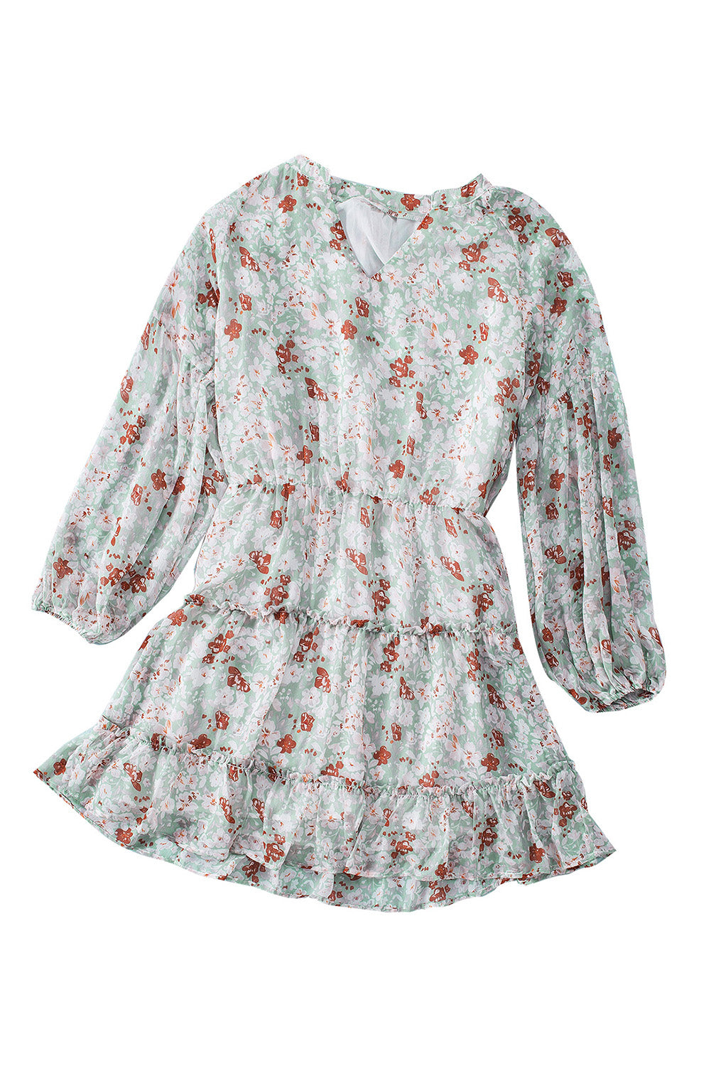 Multicolor V Neck Puff Sleeves Floral Tunic Dress