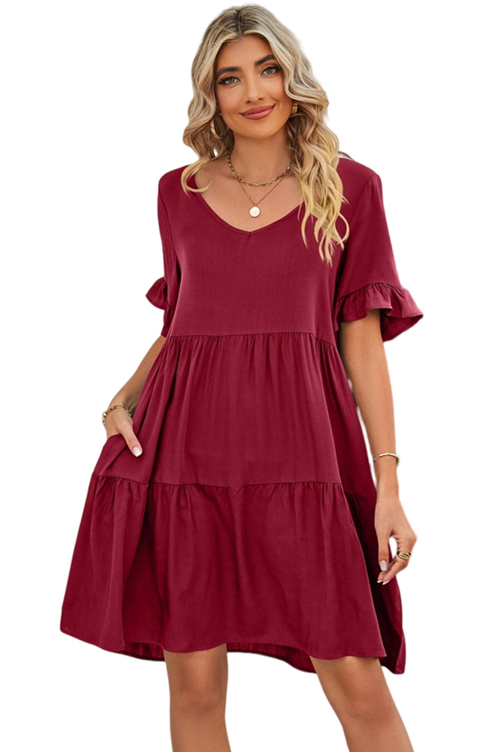 Robe midi évasée rouge à col en V et manches courtes