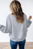 Light Grey Waffle Patchwork Long Sleeve Raw Hem Pullover Top