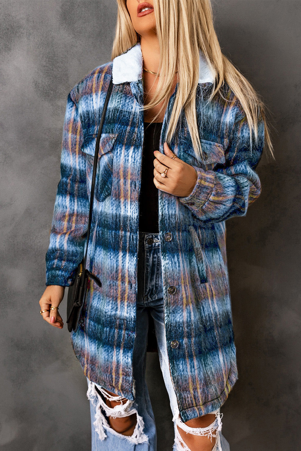 Woolen Lining Plaid Brushed Long Coat