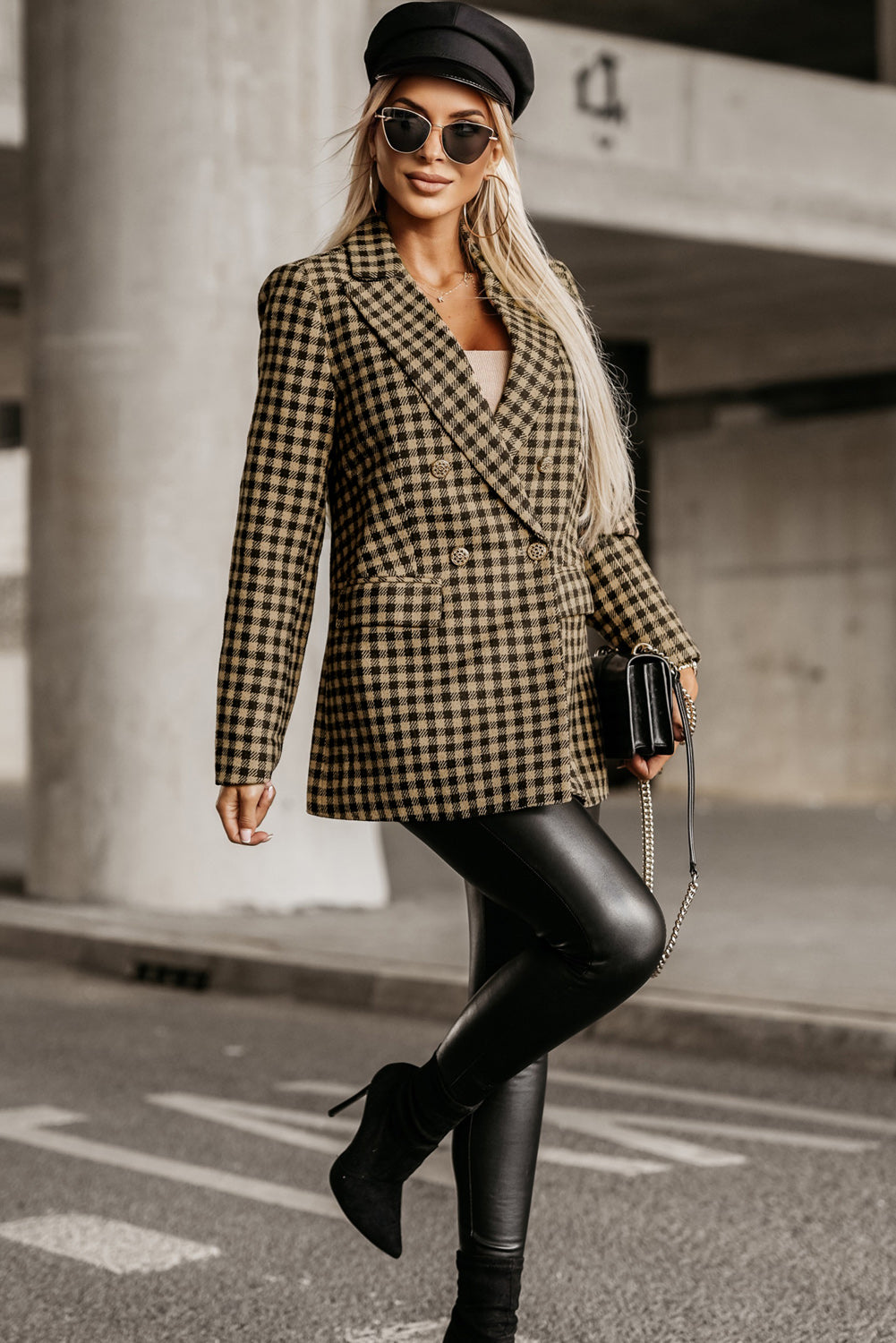 Tweed Houndstooth Plaid Pattern Double Breasted Blazer