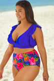 Floral Ruffled Hem High Waist Bikini Set