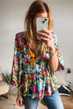 Multicolour Floral Print Bubble Sleeve V Neck Ruffled Blouse