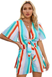 Stripe Print Tie V Neck Flowy Romper