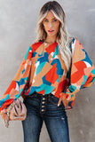 Abstract Pattern Crewneck Ruffled Puff Sleeve Blouse