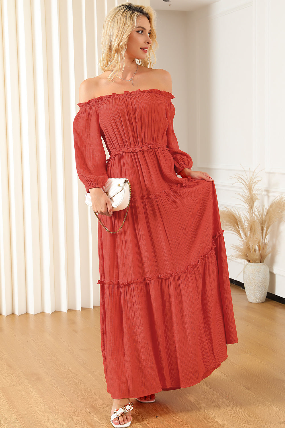 Off Shoulder Balloon Sleeve Cutout Ruffled Maxi Dress