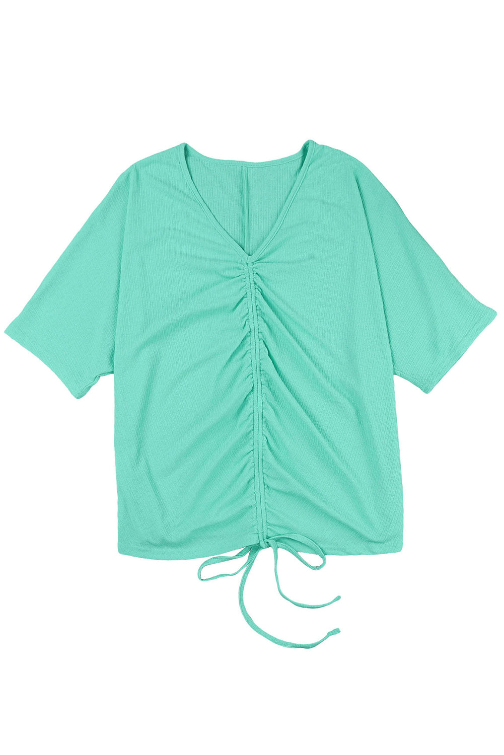 Plus Size Ruched Rib Drawstring V Neck Top