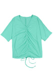 Plus Size Ruched Rib Drawstring V Neck Top