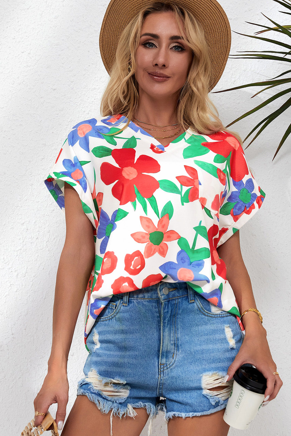 Flower Print Chest Pocket V Neck Blouse