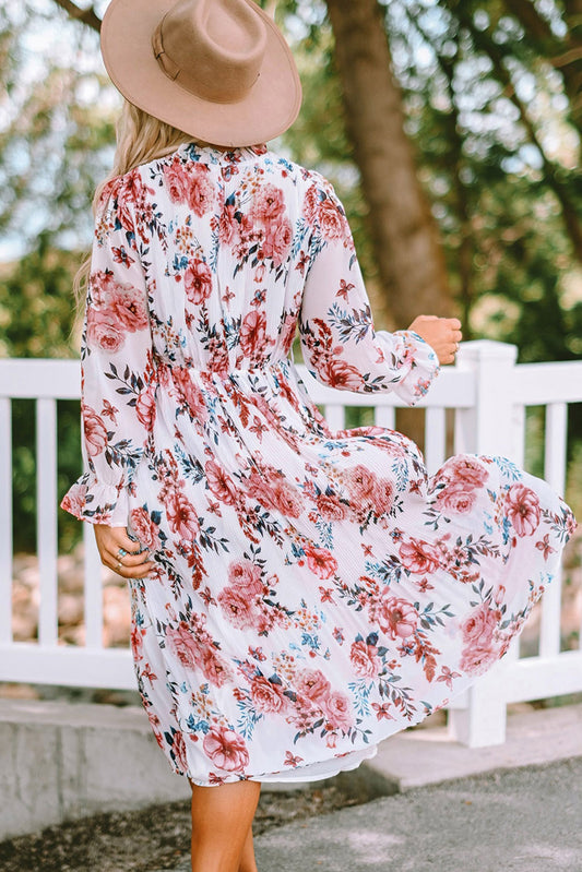 Floral Print Puffy Sleeve Ruffled Midi Dress