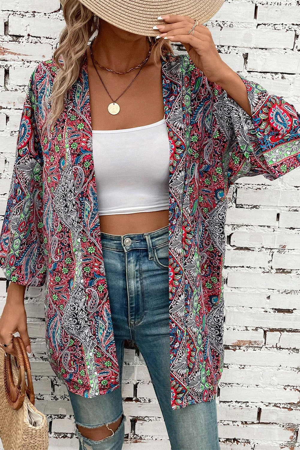 Red Paisley Print Open Front Kimono