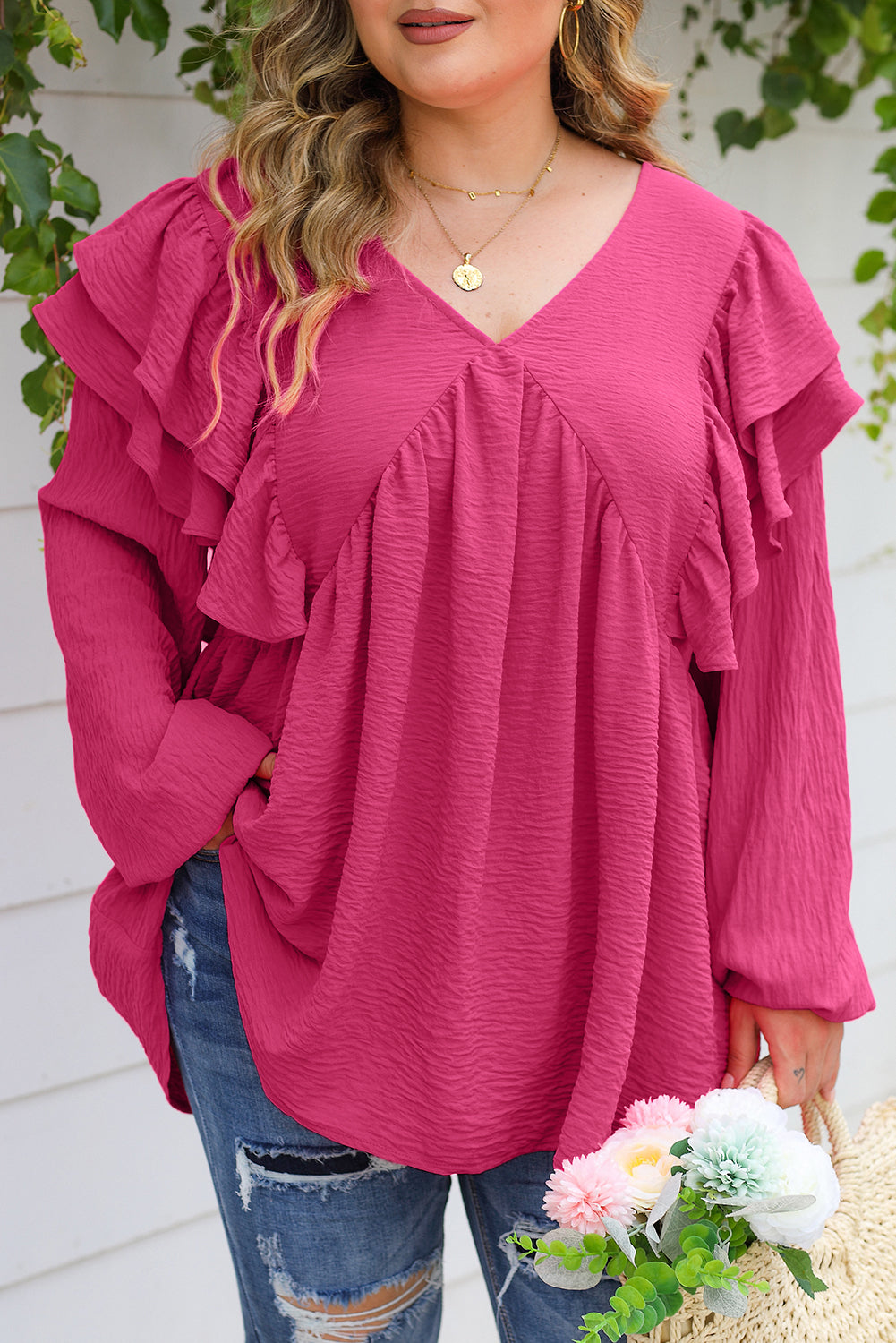 Crinkle Ruffled V Neck Plus Size Blouse