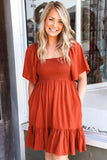 Smocked High Waist Pocketed Ruffle Mini Dress