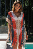 Striped Tassel Crochet V Neck Beach Cover Up