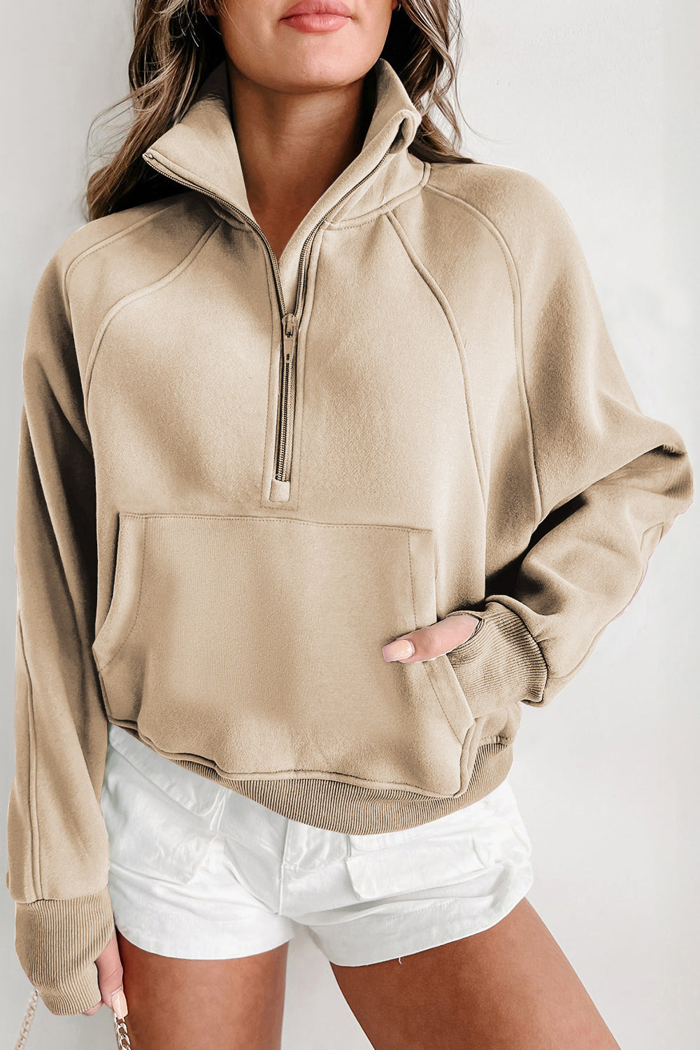 Flamingo Fleece Lined Zip Up Stand Collar Thumbhole Sleeve Sweatshirt