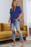 Solid Color Half Sleeve V Neck Blouse