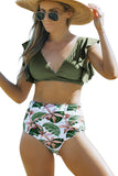 Floral Ruffled Hem High Waist Bikini Set