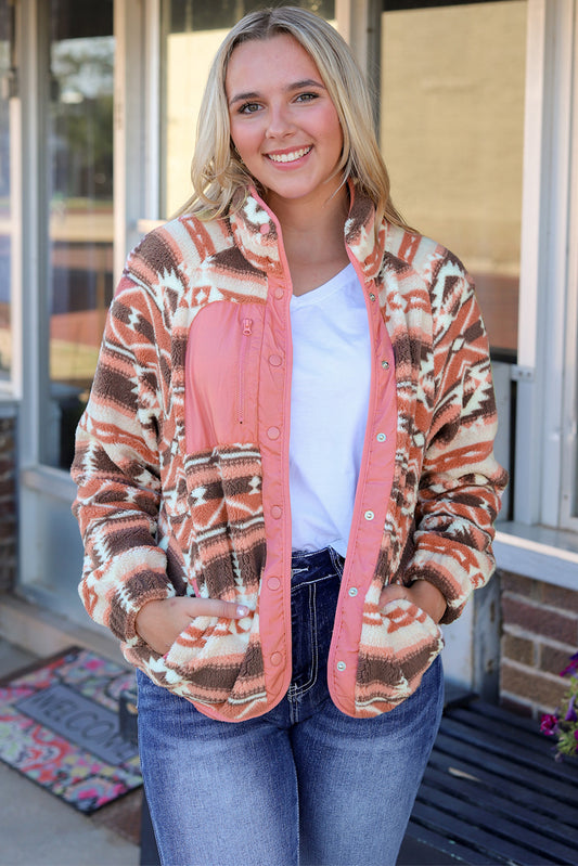 Western Colorblock Snap Buttoned Sherpa Jacket