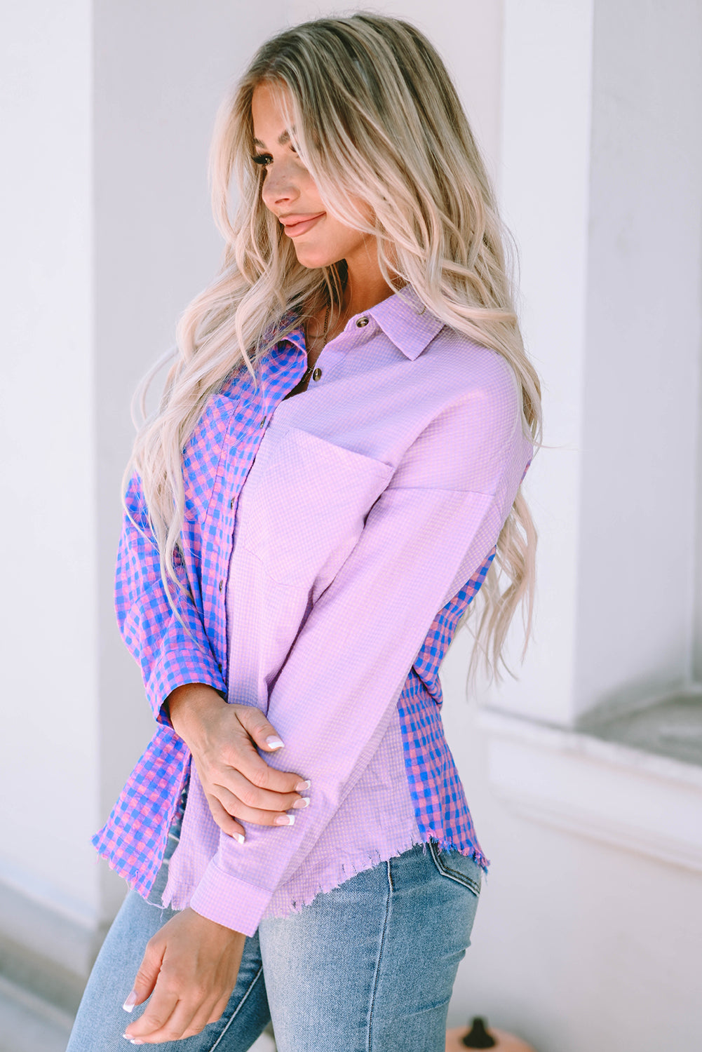 Mixed Plaid Button Down Long Sleeve Chest Pocket Shirt