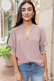 Solid Color Half Sleeve V Neck Blouse