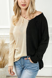 2-tone Color Block Raw Edge V Neck Sweater