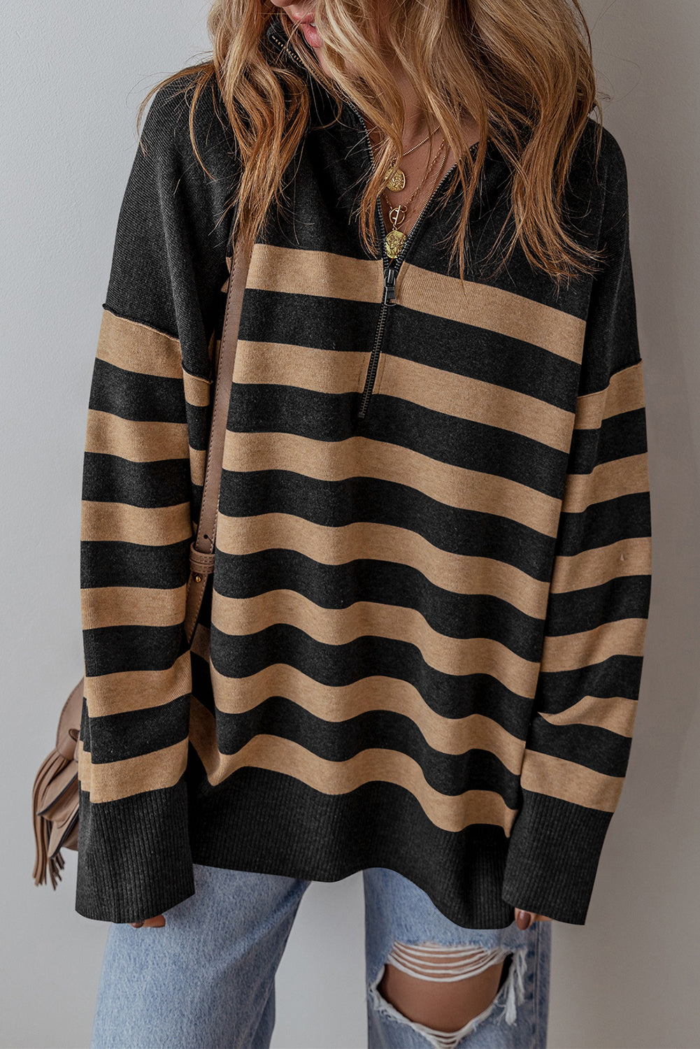 Green Collared Quarter Zipper Oversized Sweater