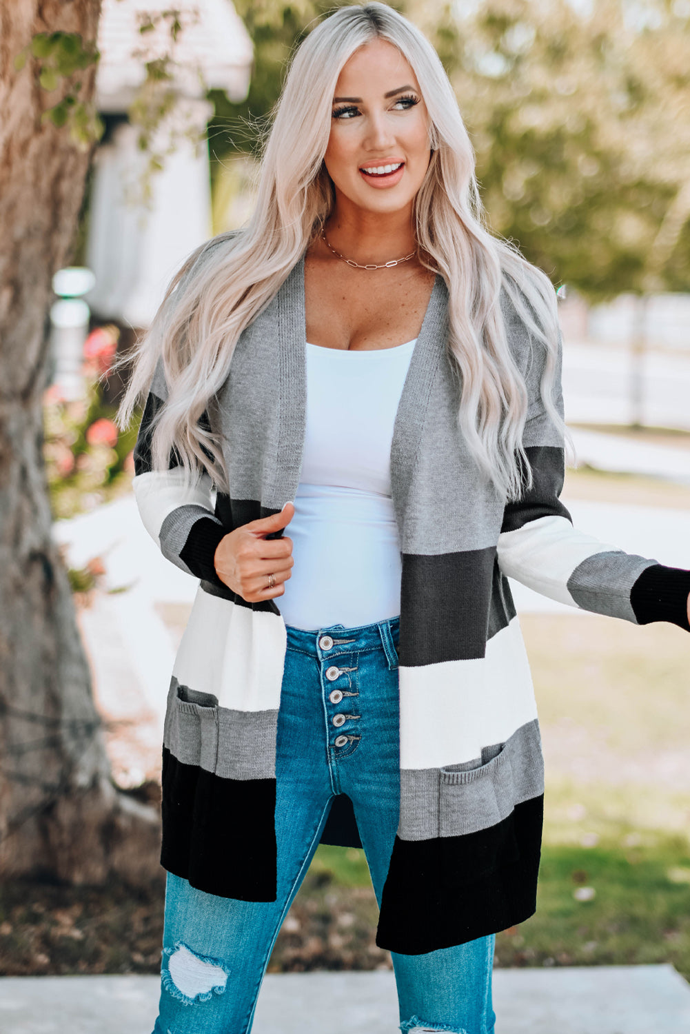 Open Front Colorblock Cardigan with Pockets