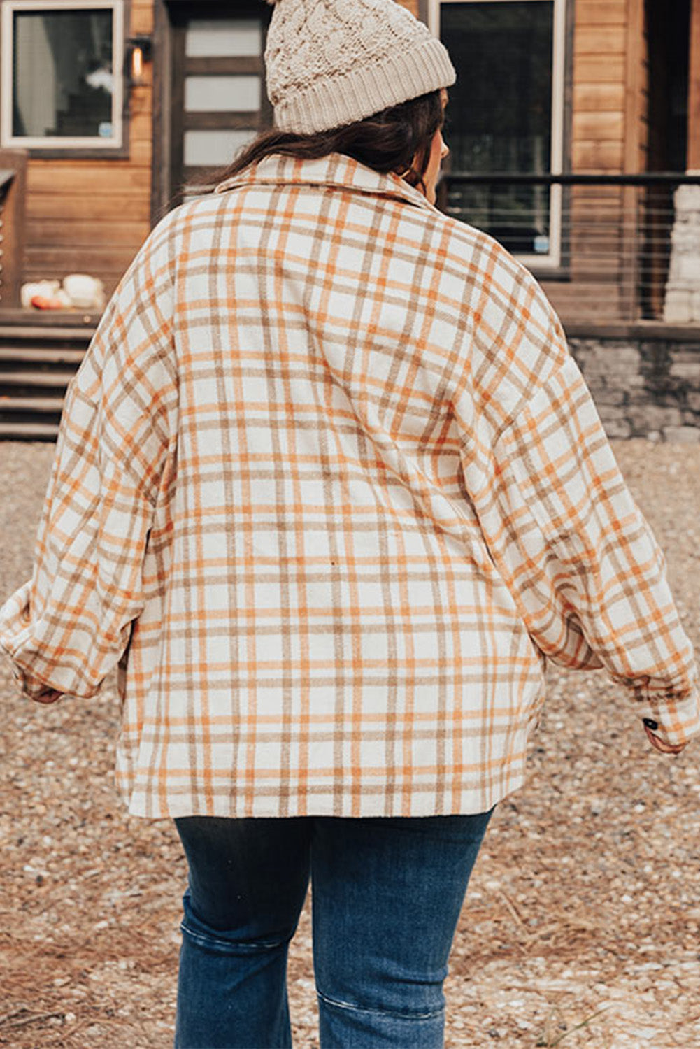 Veste à Carreaux Kaki Grande Taille avec Poches à Rabat