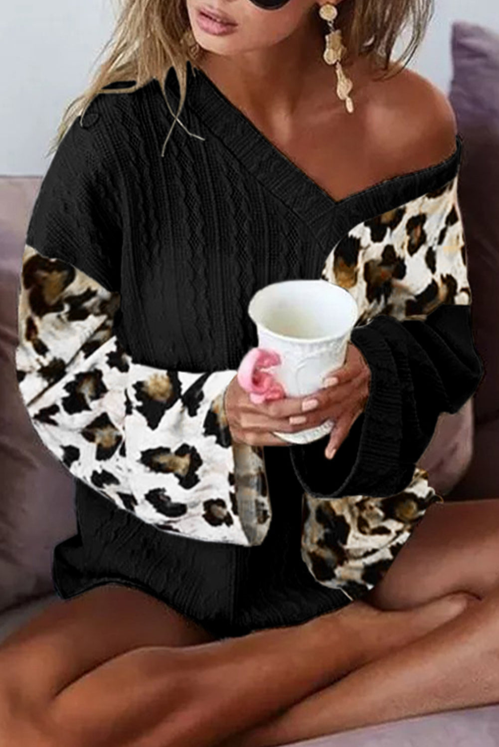 Asymmetric Leopard Patchwork Wide Sleeve V Neck Sweater