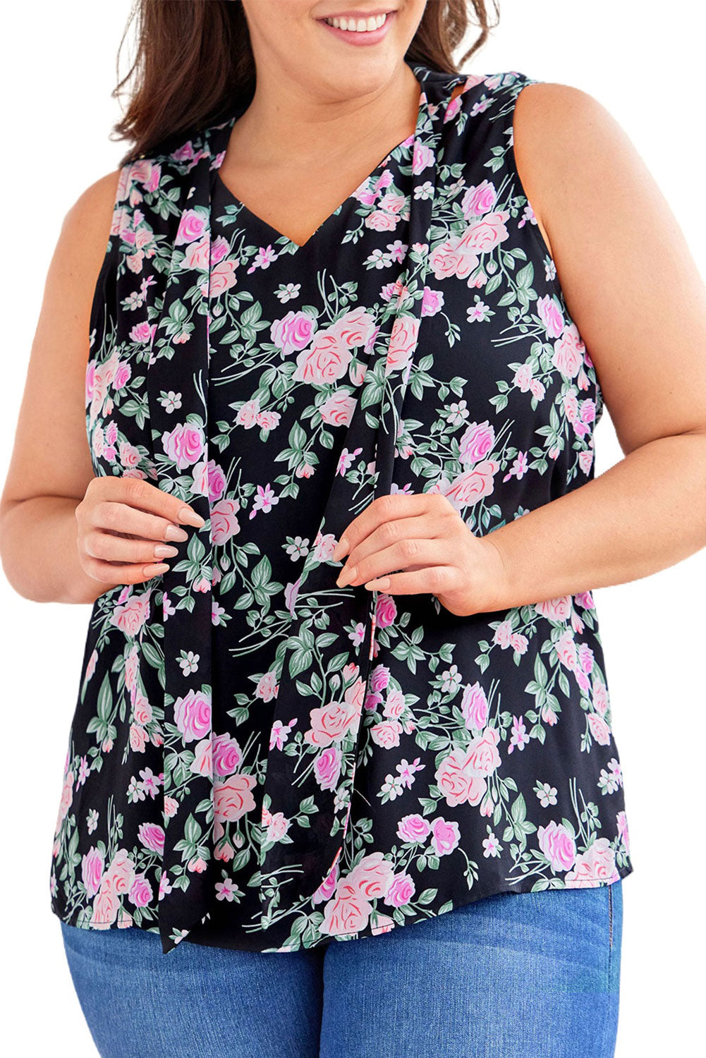 Plus Size Floral Print Ribbon V Neck Tank Top