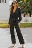 V Neck Wrap Waist Tie Long Sleeve Jumpsuit