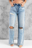 Distressed Hollow-out Knees Wide Leg Jeans