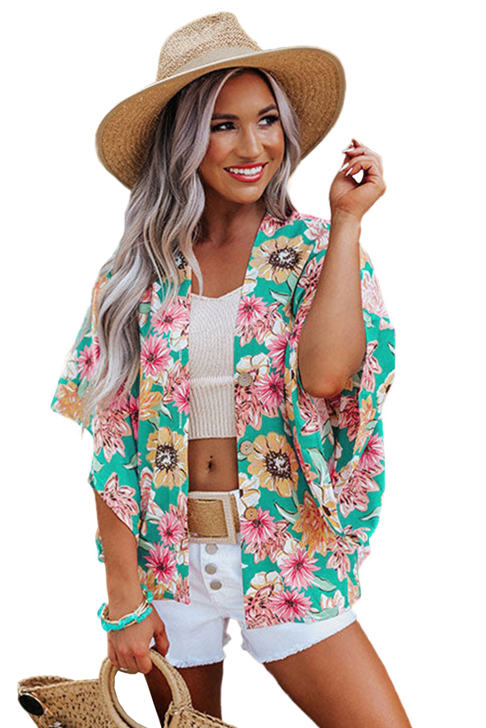 Kimono vert à imprimé floral Vacay