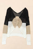 Color Block Eyelet Long Sleeve Twisted Back Knit Top