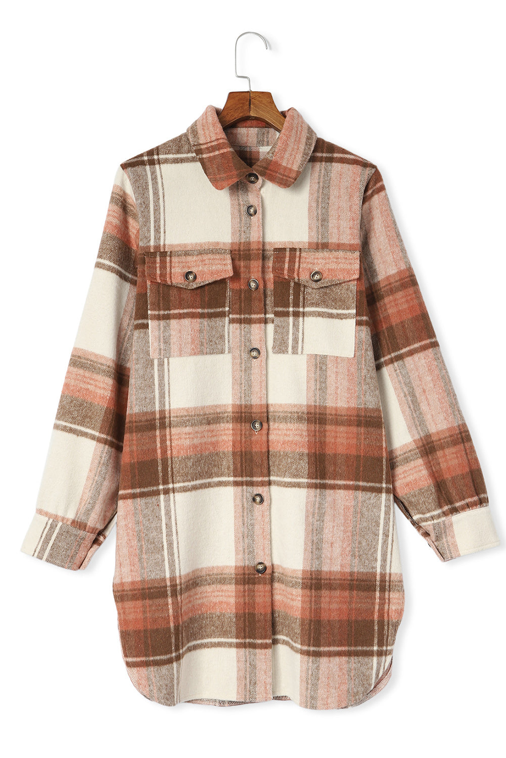 Brown Plus Size Plaid Flap Pockets Shacket