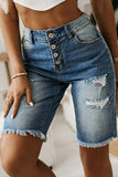 Button Fly Distressed Skinny Bermuda Denim Shorts