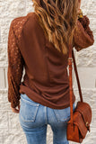 Haut en tricot gaufré à manches longues contrasté en dentelle marron