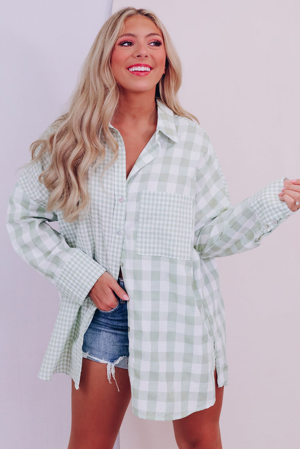 Mix Checked Patchwork Long Sleeve Shirt