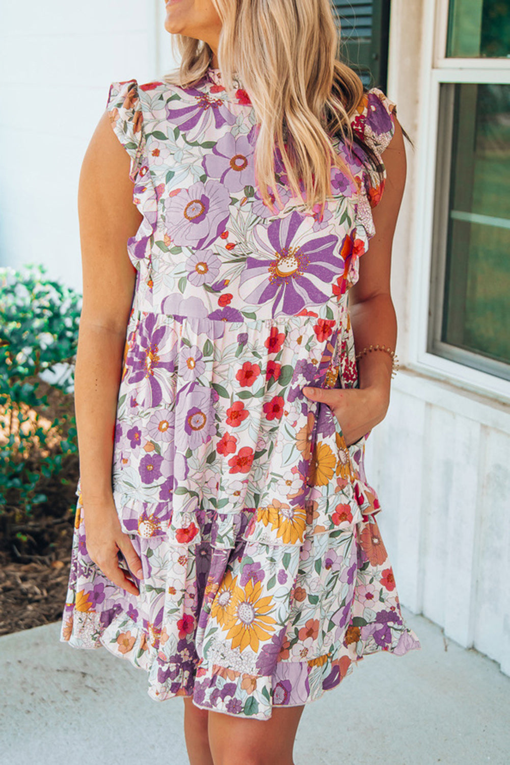 Purple Multicolor Flutter Floral Print Flowy Tank Top