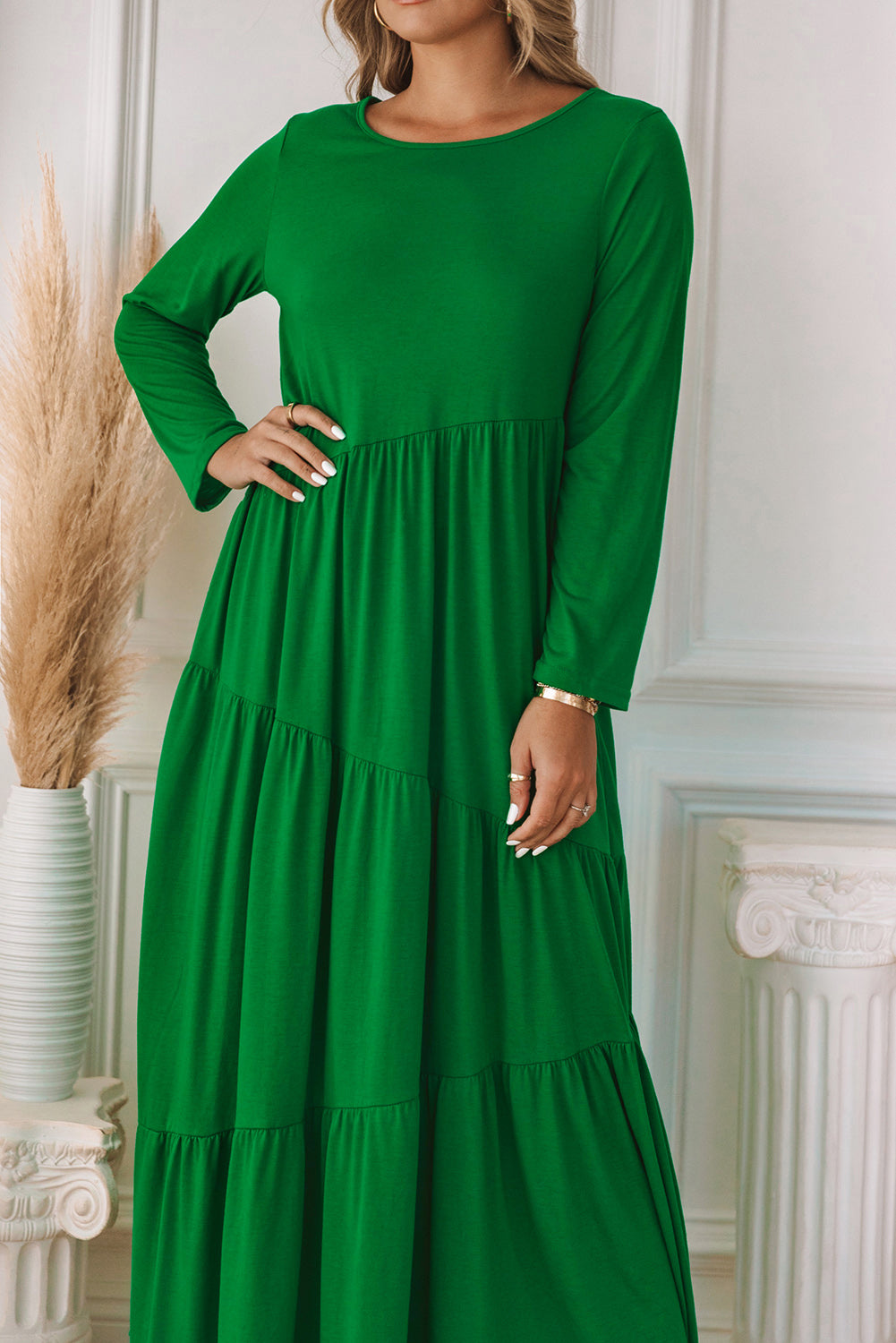 Asymmetrical Tiered Long Sleeve Maxi Dress