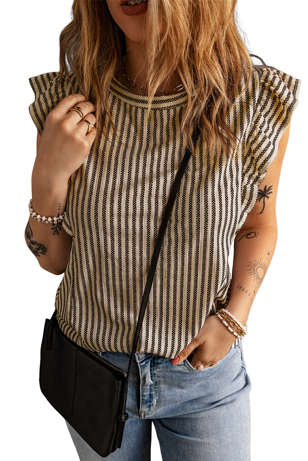 Crew Neck Ruffled Striped Tank Top