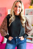 Black Leopard Print Long Sleeve Ribbed Knit Blouse