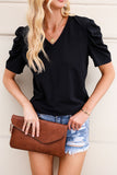 Black Puff Sleeve V-Neck T-Shirt