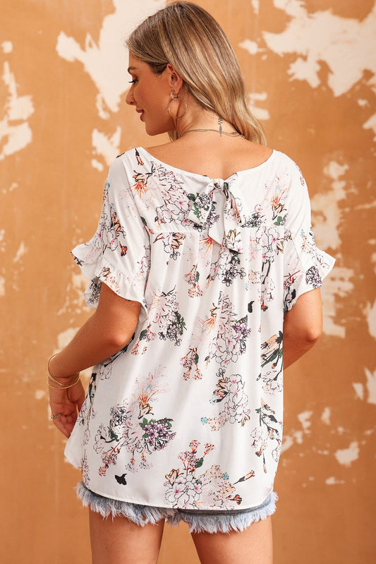 Floral Ruffled Short Sleeve Back Knot Blouse