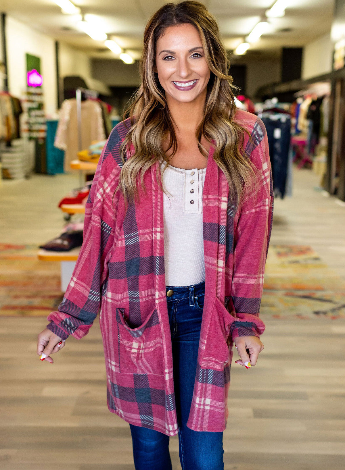 Plaid Casual Drop Shoulder Pocketed Cardigan