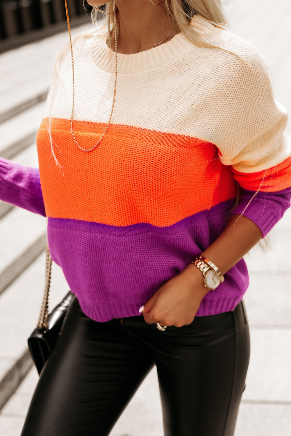 Color Block Drop Shoulder Round Neck Knit Sweater