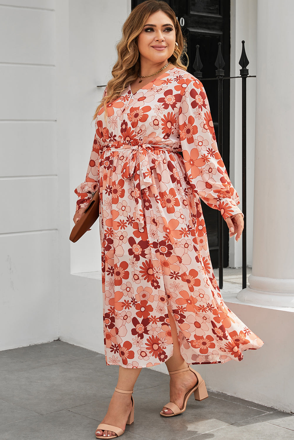 Plus Size Floral Print V Neck Wrap Side Slit Maxi Dress