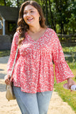 Red Plus Size Floral V Neck Flared Bracelet Sleeve Blouse