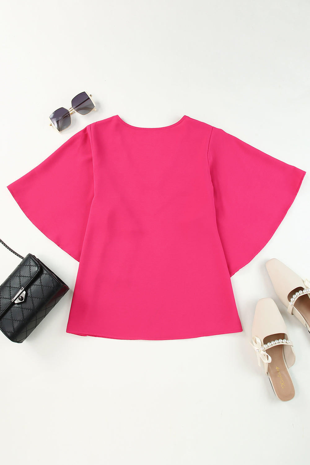 Plain Flounce Bell Sleeve V Neck Blouse